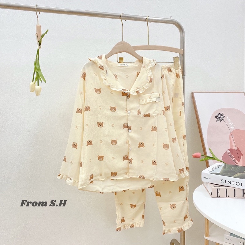 Đồ Mặc Nhà, Bộ Ngủ Nữ, Pijama Tay Dài Chất Liệu Đũi Xốp Hàn Freesize
