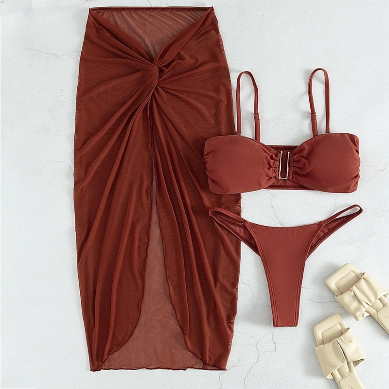 Bộ Đồ Bơi Bikini 3 Mảnh Kiểu Lọt Khe Màu Trơn Kèm Chân Váy Maxi Thời Trang Quyến Rũ Cho Nữ