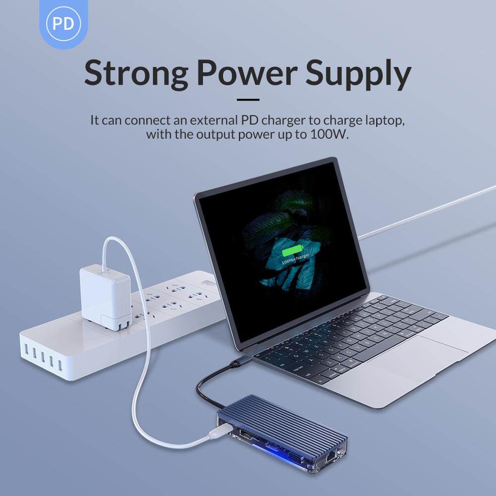 Hub chuyển đổi USB Type C 11 in 1 HDMI VGA RJ45 Audio Cao Cấp Orico 11 trong 1