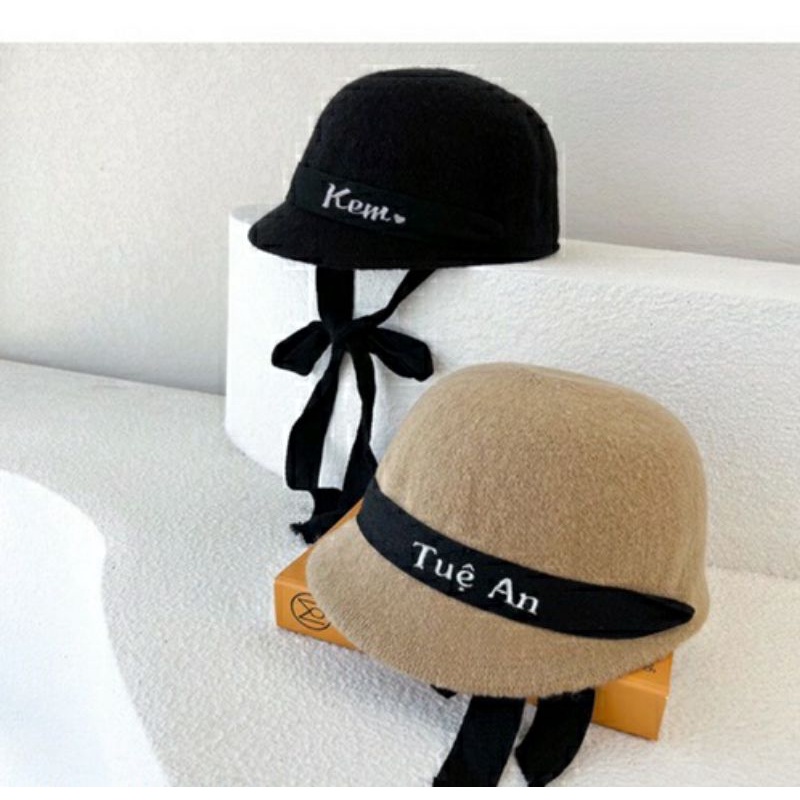 Mũ sợi len lông thỏ thêu tên theo yêu cầu cho bé