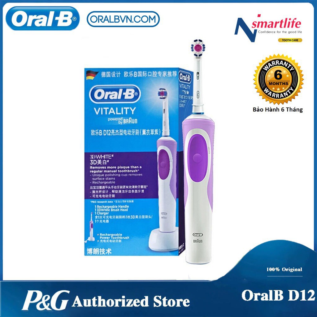 Bàn chải điện đánh răng tự động Oral B D12 - White 3D màu tím, kèm bộ sạc điện đầy đủ
