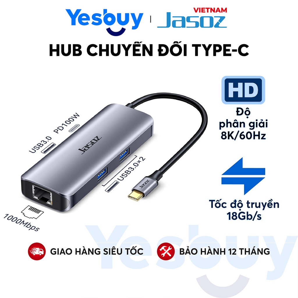 Đế cắm Type-C bộ nguồn 5 trong 1 USB3.0 *3 + DP + Gigabit RJ45  JASOZ H110 - Hàng chính hãng - Bảo hành 18 tháng.