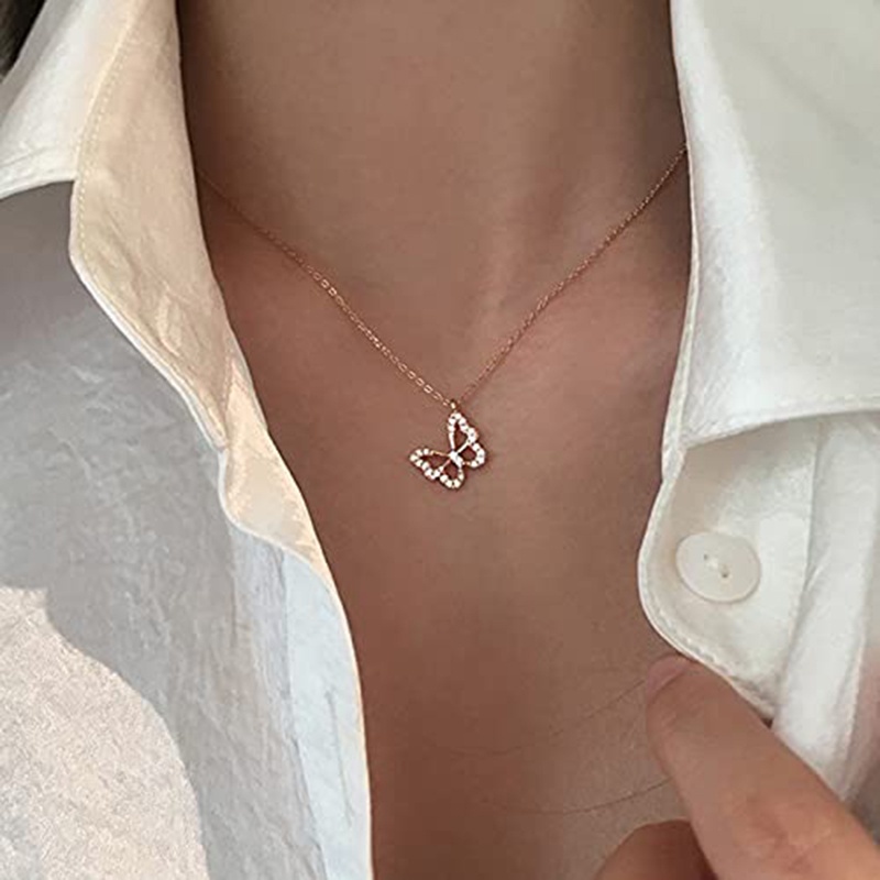 Vòng cổ Mạ Bạc Mặt Hình Bướm Rỗng Đính Đá Zircon Sang Trọng Cho Nam Nữ