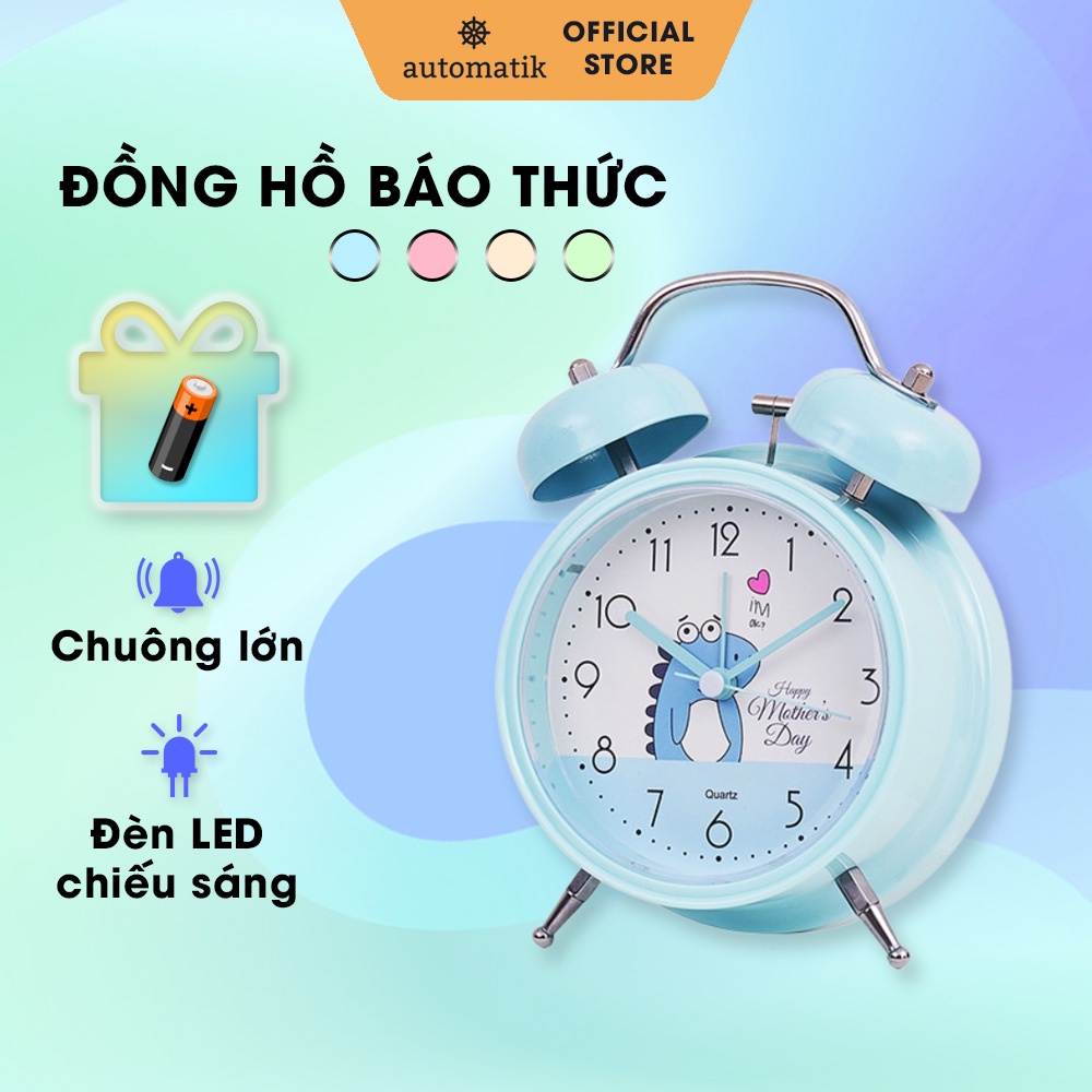 Đồng Hồ Báo Thức Để Bàn Học, Bàn Làm Việc, Cute Hoạt Hình Chuông To Và Đèn Led + Tặng Pin - Automatik