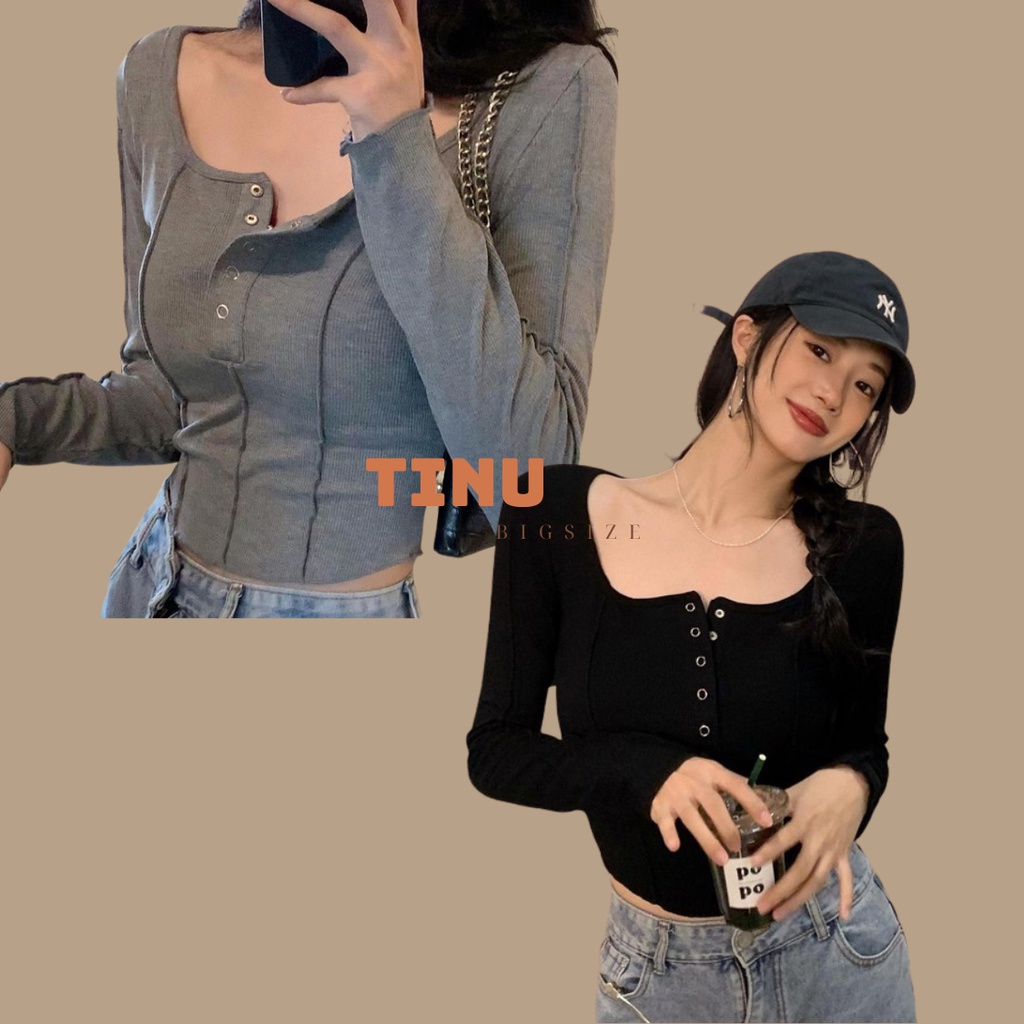 Áo thun cổ vuông, vạt bầu croptop nữ bigsize TINU, tay dài, tay ngắn 55-90kg, độ co dãn cao chất liệu thun gân