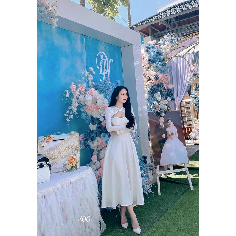 Đầm dài tiểu thư đi dự tiệc, đầm chữ a hàn quốc nhẹ nhàng thiết kế tay dài khoét ngực sexy có mút tôn dáng