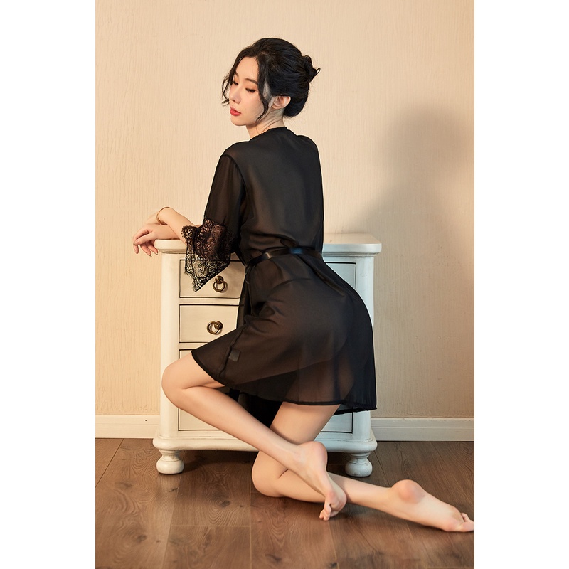 Choàng Ngủ Voan Phối Ren  Áo Choàng Kimono Xuyên ThấuHoney Wear Freesize Bigsize A12