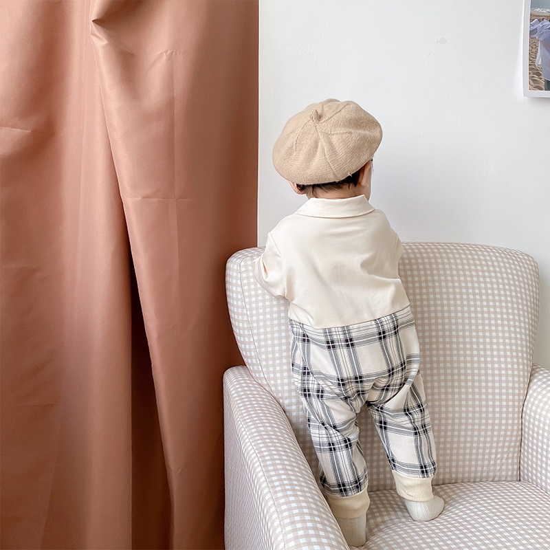 Bộ Áo Liền Quần Tay Dài Cổ Búp Bê Kẻ Sọc Ca Rô Dễ Thương Cho Bé