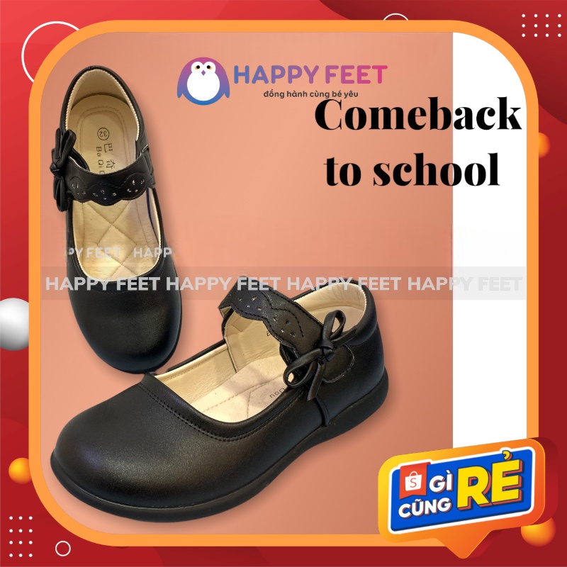 Giày cho bé, bít mũi da mềm cho bé gái đi học  Happy Feet, giày búp bê đen đồng phụcVin