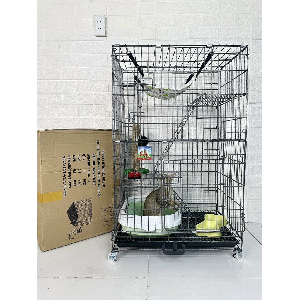 {tặng võng} Chuồng Mèo Vân Đá 3 Tầng Nan Dày GẤP GỌN Cao 98CM Sơn Tĩnh Điện