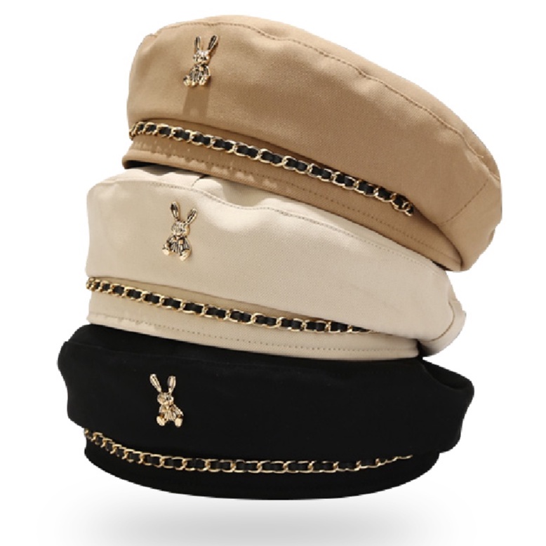 Mũ Nồi Icon Thỏ Dễ Thương JBR07Jussy Fashion Kiểu Mũ Beret Nữ Phối Dây Xích Cá Tính Chất Vải Nỉ Dày Form Chuẩn Đẹp