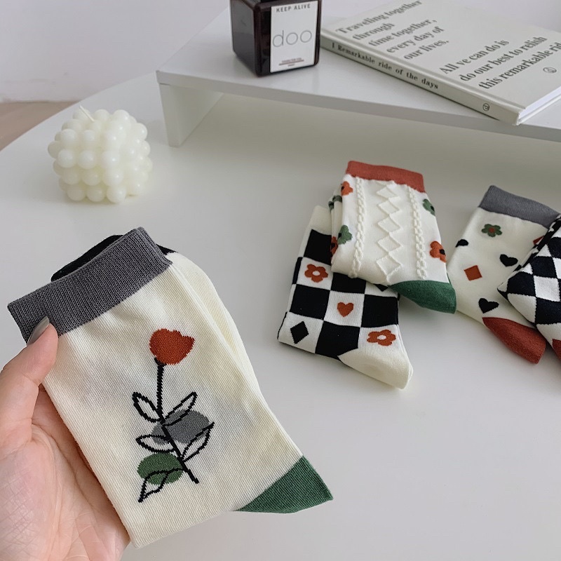 [Tonashoe] Tất Cổ Cao Cotton Co Giãn Hoạ Tiết V04