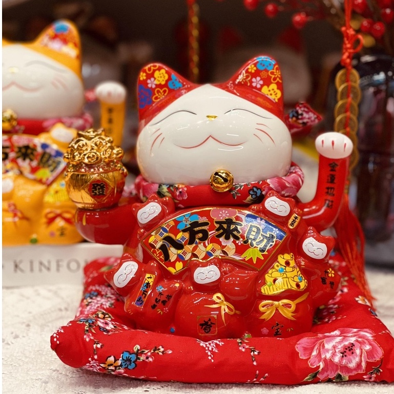 Mèo Thần Tài Vẫy Tay 20cm Màu Vàng Đỏ Mèo Tài Lộc May Mắn Gốm Sứ Cao Cấp
