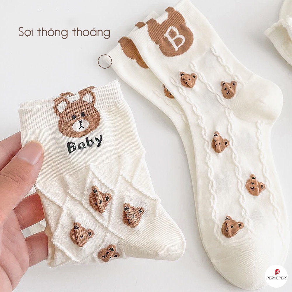 Tất nữ cổ cao họa tiết hình thêu dễ thương, chất liệu cotton co giãn thoáng khí - Cherry Shop