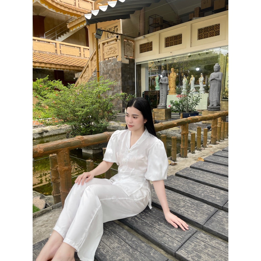 Đồ Lam Đi Chùa # Bộ Lụa Cổ Tim Tay Phồng# Quần Áo Nữ