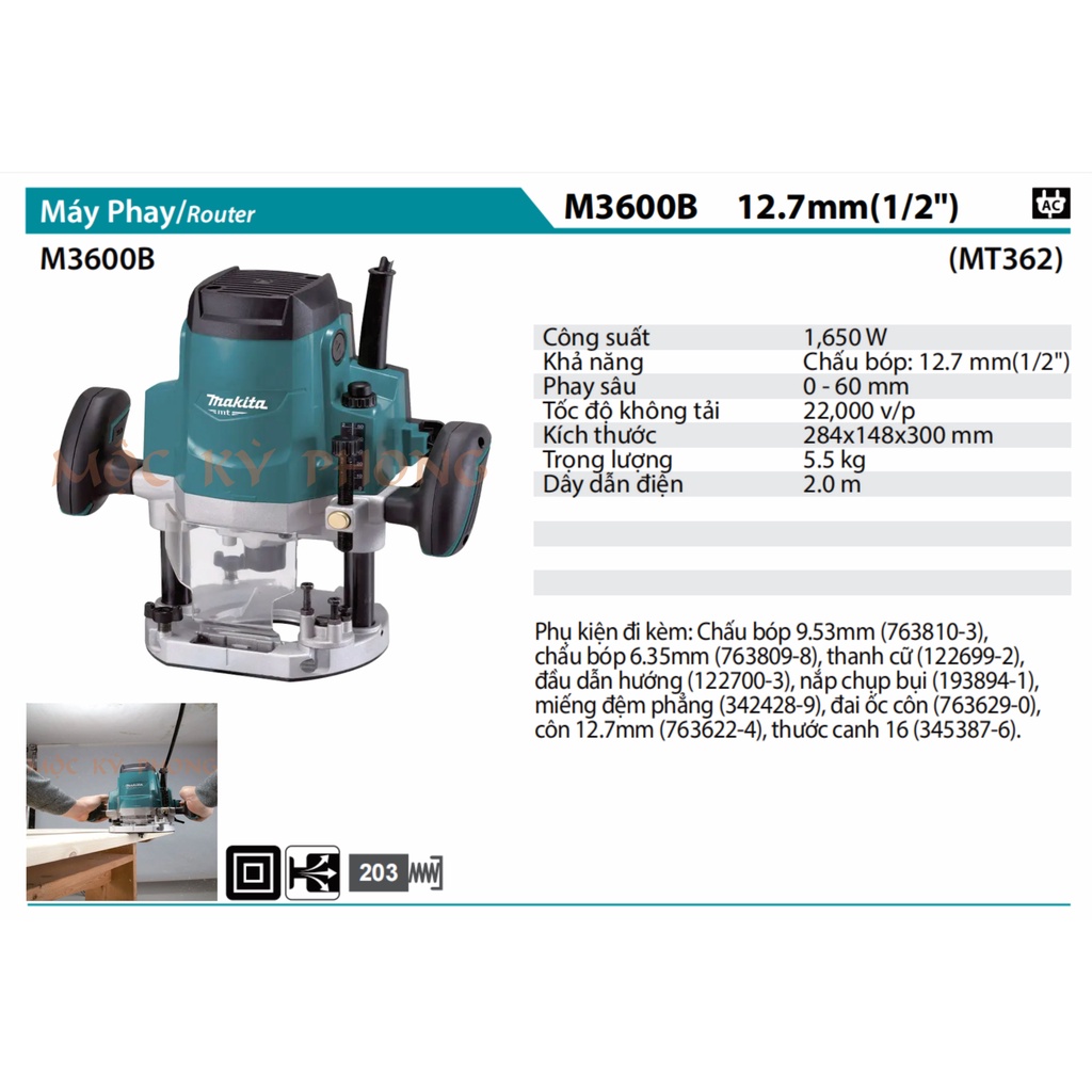 Máy Phay Cầm Tay Makita M3600B - 12,7MM - ROUTER/PLATFORM/ĐỊNH TUYẾN, Soi Mộng/Cắt mép/Chạy Chỉ