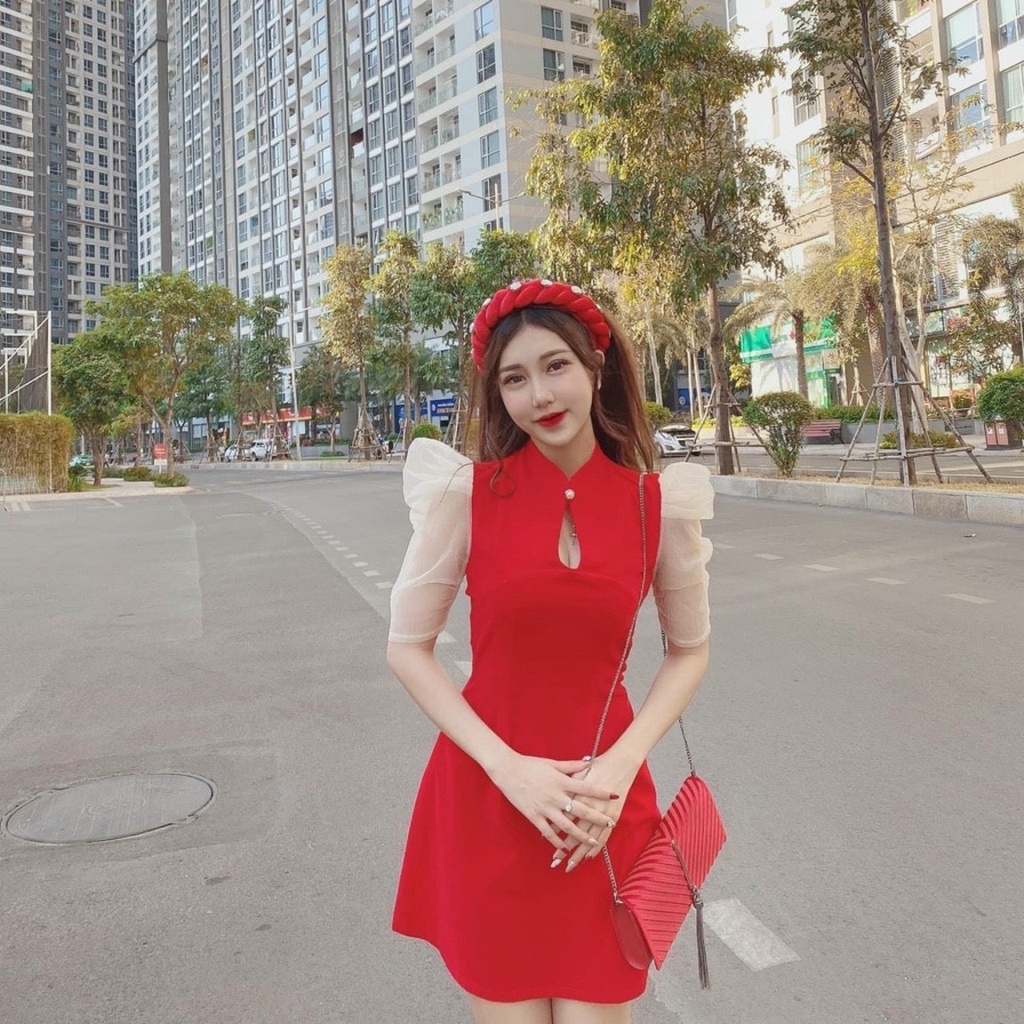 Đầm dáng ngắn cổ tàu chất cotton lạnh phối tay voan siêu xinh, màu sắc nổi bật thích hợp đi tiệc, du xuân