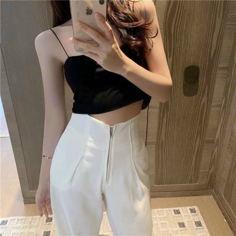 Quần ống rộng lưng cao khóa trước Quần suông cạp liền hack dáng