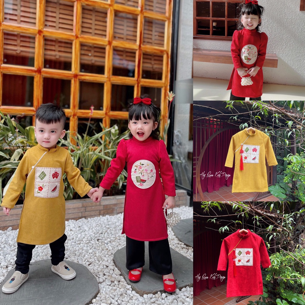 [HÀNG CAO CẤP] Áo dài tết đôi bé trai/bé gái chất liệu da lộn họa tiết dưa hấu