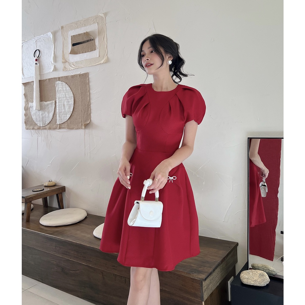 BBSTORES Đầm Xòe Tay Phồng Dự Tiệc Xếp Ly Đính Nơ Đá Sang Trọng - D1486
