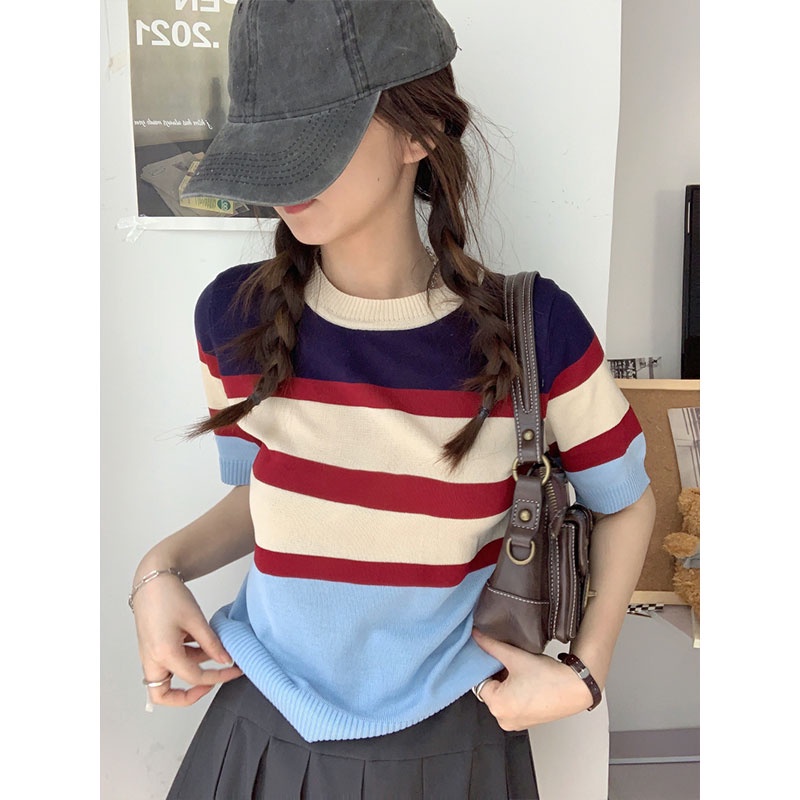 Áo Dệt Kim Tay Ngắn Dáng Ôm Họa Tiết Kẻ Sọc Màu Tương Phản Thời Trang Hàn Quốc Cho Nữ