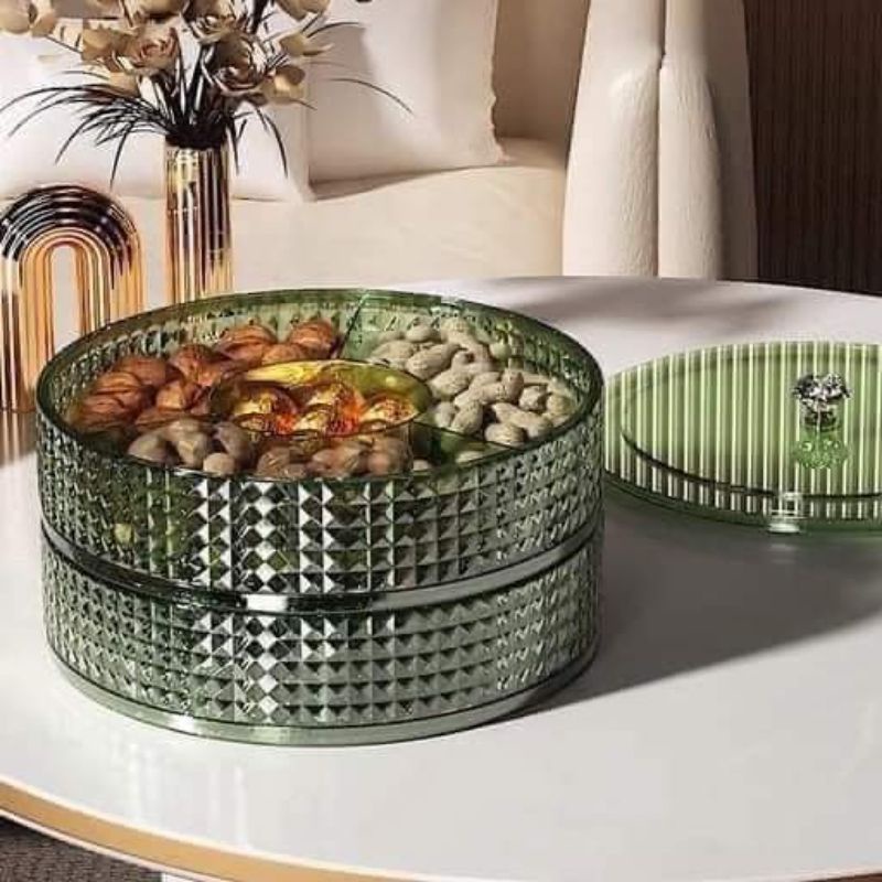 Khay mứt tết xoay 360 độ 2 tầng sang trọng ánh ngọc dày dặn độc đáo