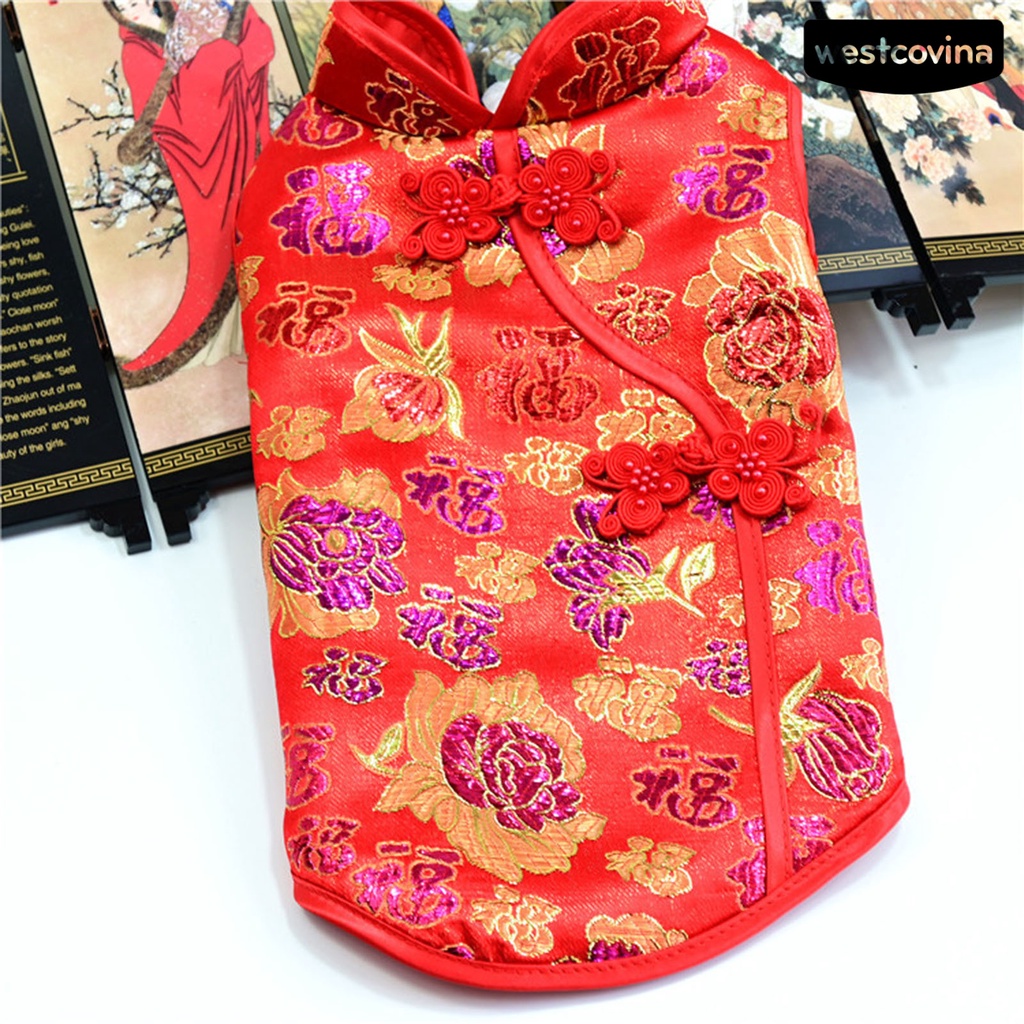 [Hot]♝Áo Sườn Xám Không Tay In Hoa Phong Cách Trung Quốc Dành Cho Cún Cưng