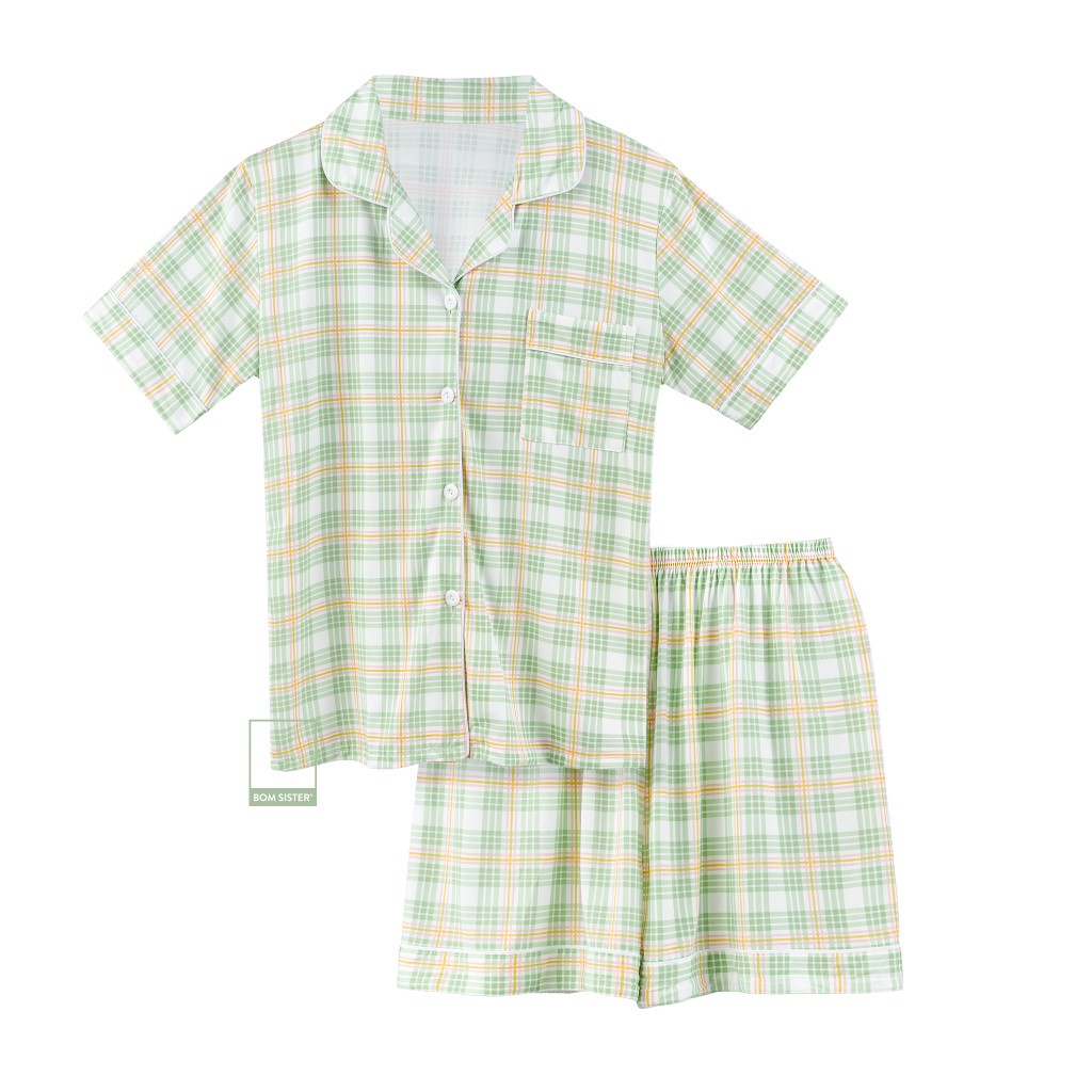 Set đồ ngủ pyjama áo ngắn tay quần đùi họa tiết caro dễ thương BOM SISTER DN3010