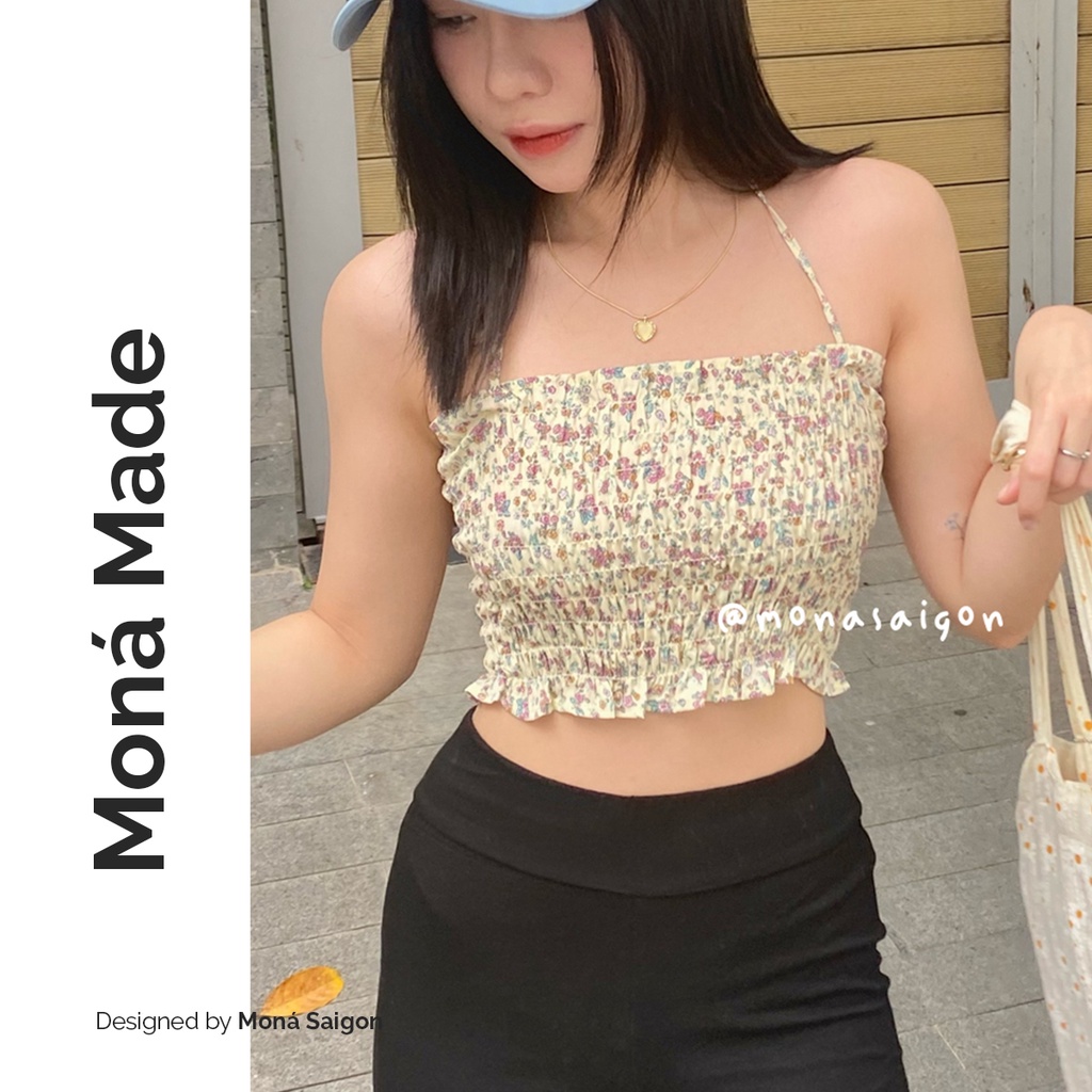 MONÁ Áo croptop 2 dây trắng hoa nhí chất chiffon Hàn co giãn RIRI TOP