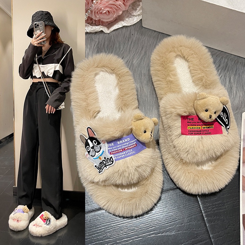 Dép lông sticker 3 màu, dép bông đi trong nhà, dép mùa thu đông cực đẹp