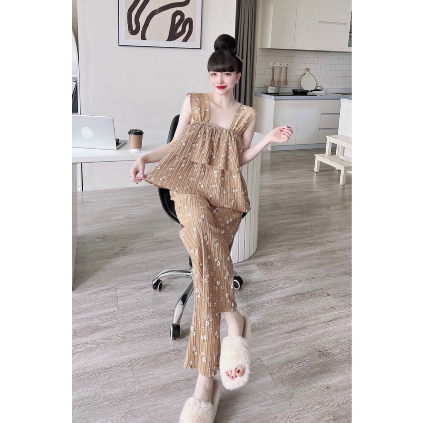 Đồ bộ nữ dễ thương, set bộ 2 món áo kiểu nữ 2 dây xếp tầng kèm quần dài ống rộng, chất đũi xốp mềm, nhẹ, mát