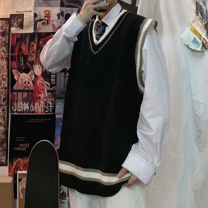 Áo Dệt Kim Không Tay Dáng Rộng Cổ Chữ V Màu Sắc Tương Phản Phong Cách Retro Nhật Hàn Dành Cho Nữ