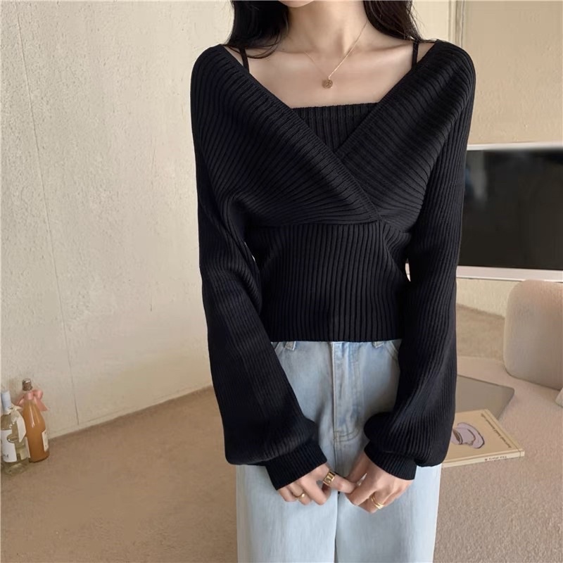 Áo Khoác Cardigan Tay Rơi Ghép Set Kèm Áo Quây Đen Trắng