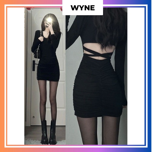 Đầm Body Khoét Eo Wyne Ôm Dáng Thun Borip, Đầm/váy Body Dài Tay Quyến Rũ Hở Lưng