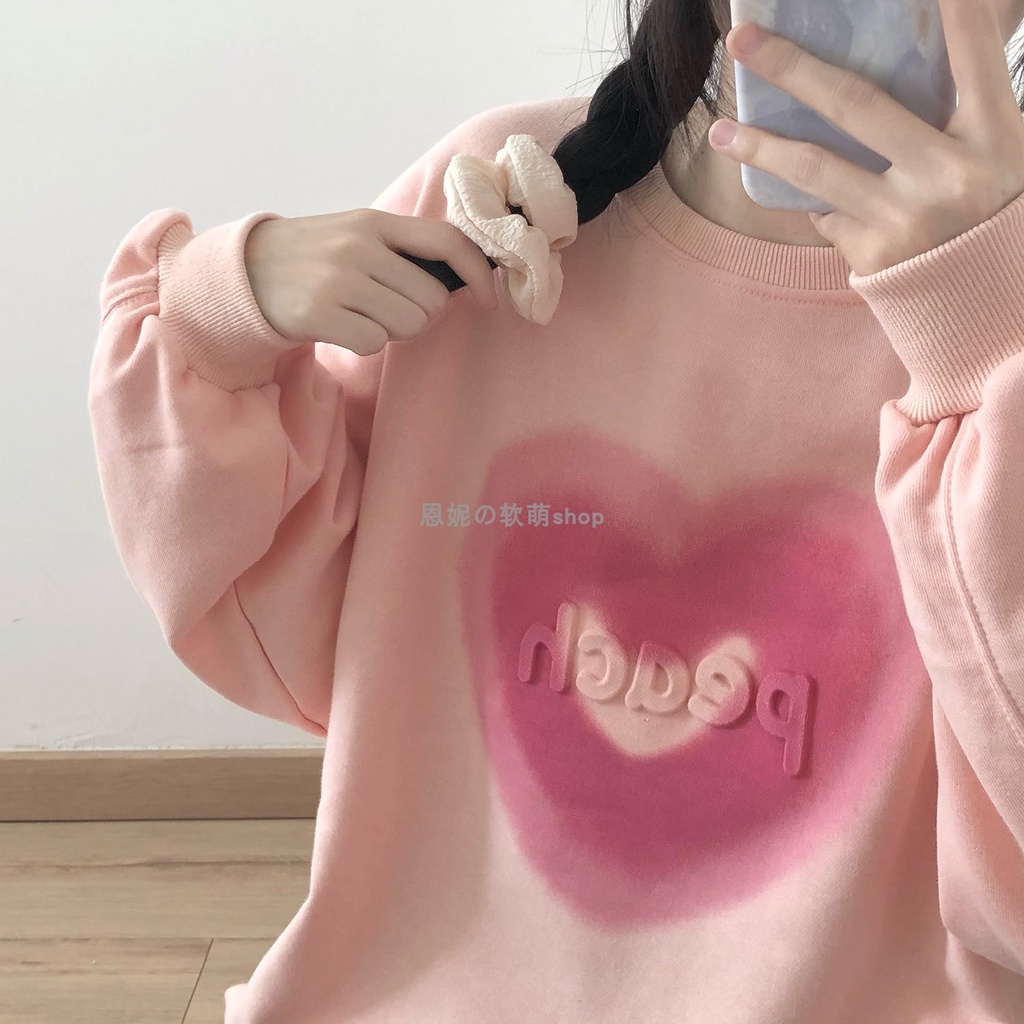 Áo Sweater Tay Dài Dáng Rộng Cổ Tròn In Hình Trái Tim Màu Hồng / Trắng Thời Trang Mùa Thu Cho Nữ