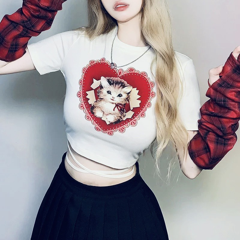 Áo Croptop Thun Borip Cổ Tròn Tay Ngắn Phối In Hình Trái Tim + Chú Mèo Dễ Thương TTSA2026