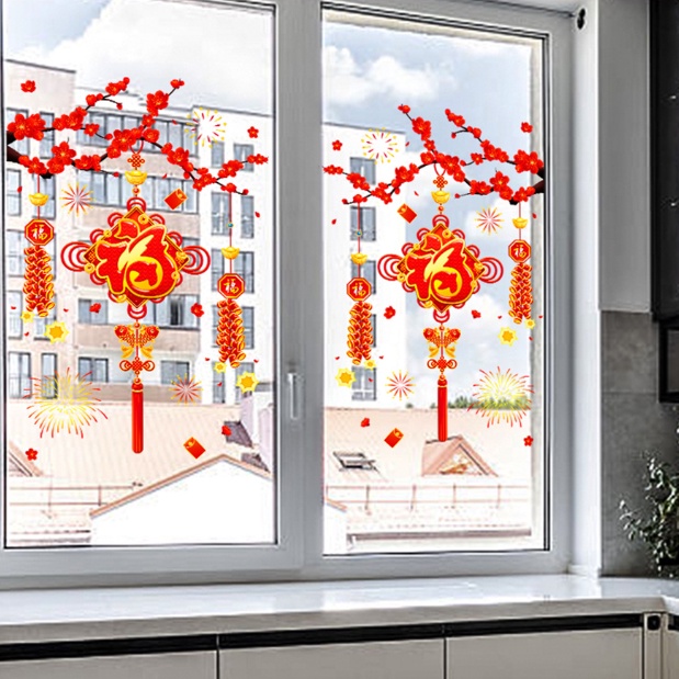 Decal trang trí Tết hít tĩnh điện - Cành mai đỏ và chữ Phúc
