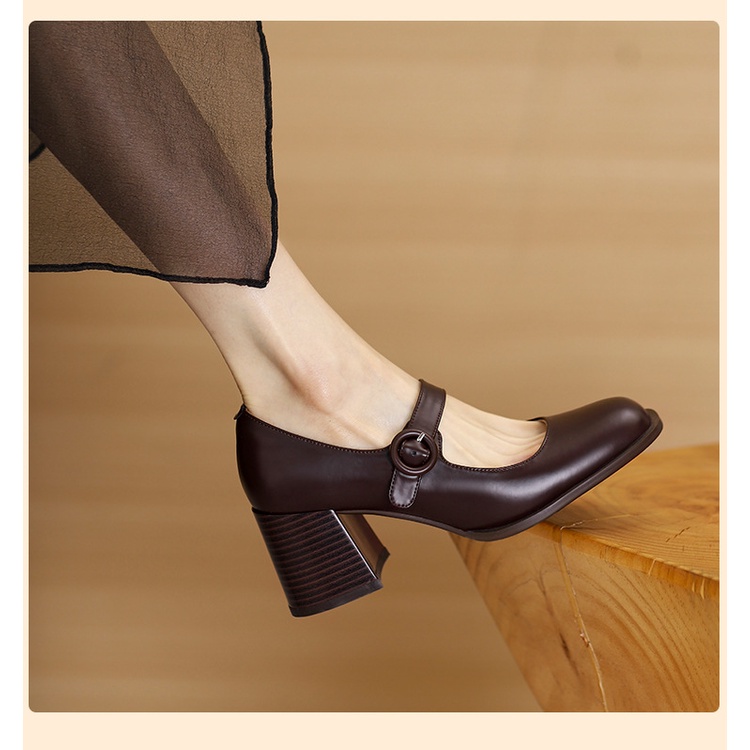 Giày Cao Gót Mũi Vuông Bằng Da Phong Cách Retro Cho Nữ