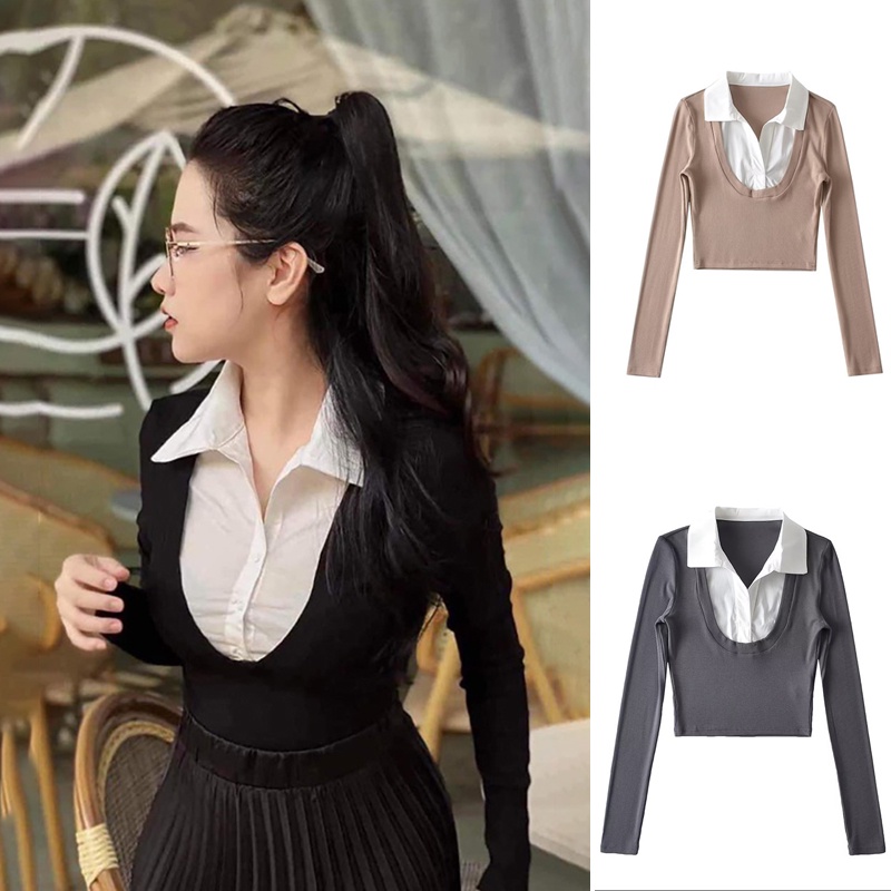 T trf Áo Sơ Mi 22 Phong Cách Âu Mỹ Giả Hai Mảnh Dáng Ôm Vừa Vặn Thời Trang Thu Đông @ @