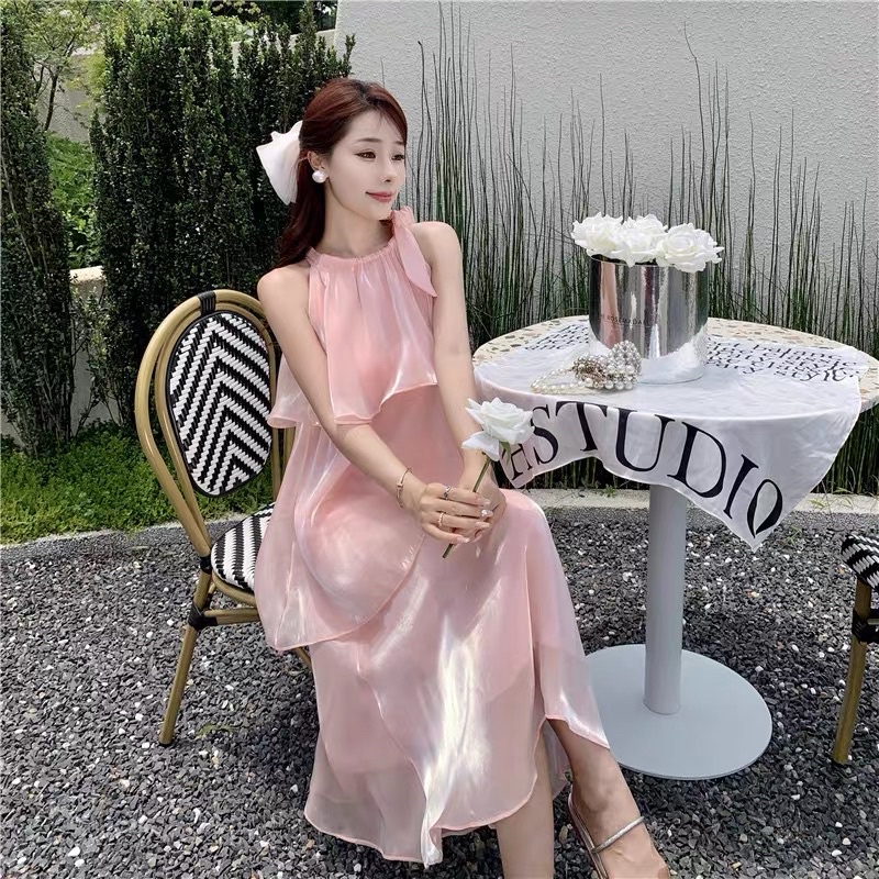 V082 Đầm váy tơ dài nhiều tầng cổ yếm sát nách màu hồng bầu phong cách cổ điển Retro Vintage Taobao mới 2022