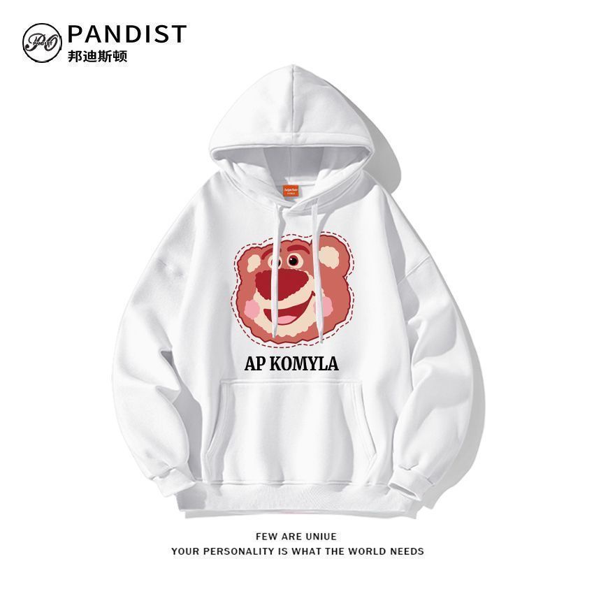 Áo Hoodie Dáng Rộng Có Lớp Lót Lông Cừu In Họa Tiết Hoạt Hình Gấu Dâu Tây Phong Cách Preppy Nhật Bản Thời Trang Thu Đông