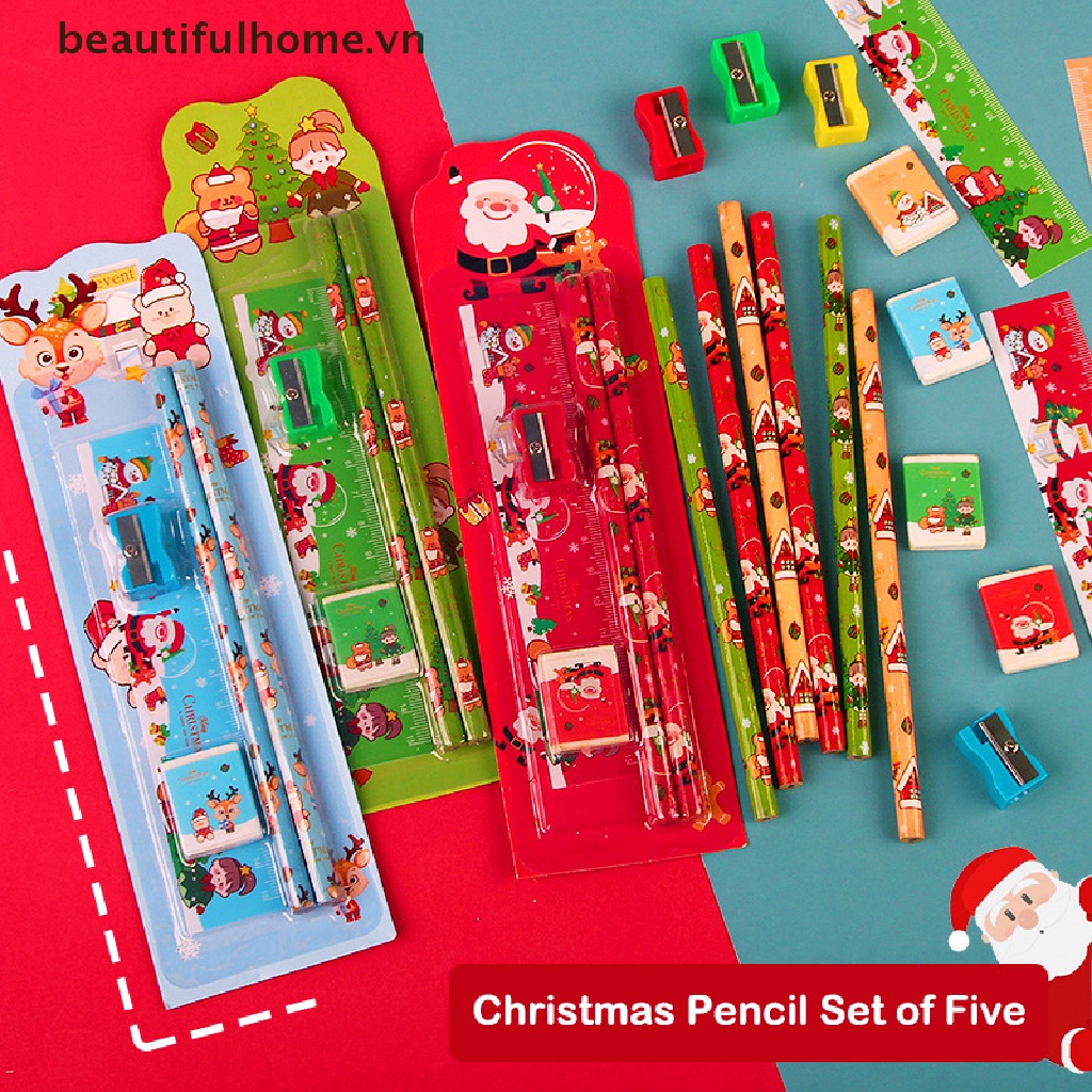 [beautifulhome] 5Pcs/Set Cute Cartoon Stationery Set Christmas Stationery Set Pencil Sharpener Eraser Ruler Set Gift Student Stationery Children's Day Gifts [beauty]