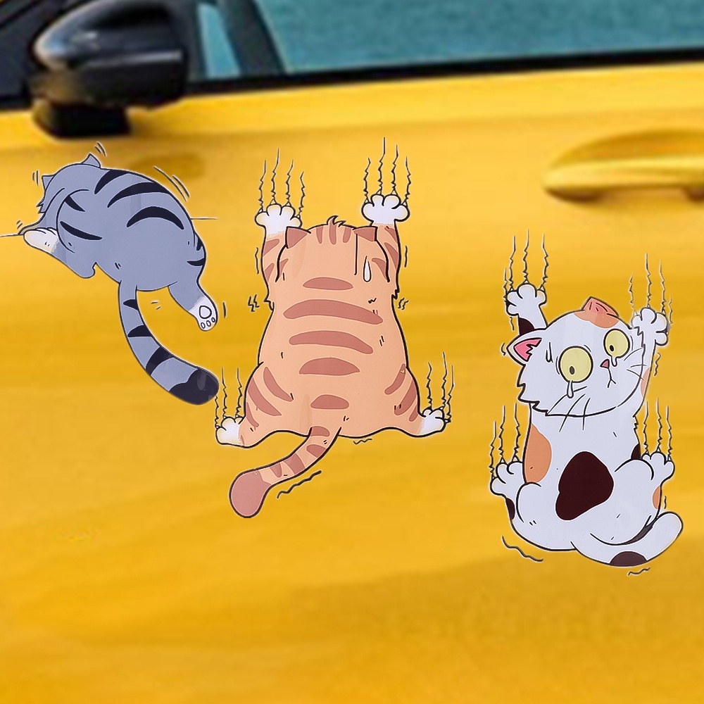 Set 3 Miếng Dán Trang Trí Xe Hơi Hình Mèo Leo Trèo Bằng PVC Độc Đáo
