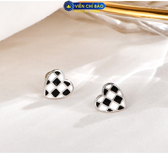 Bông tai họa tiết caro trái tim chất liệu bạc Thái 925 thời trang sức Viễn Chí Bảo B000030-T