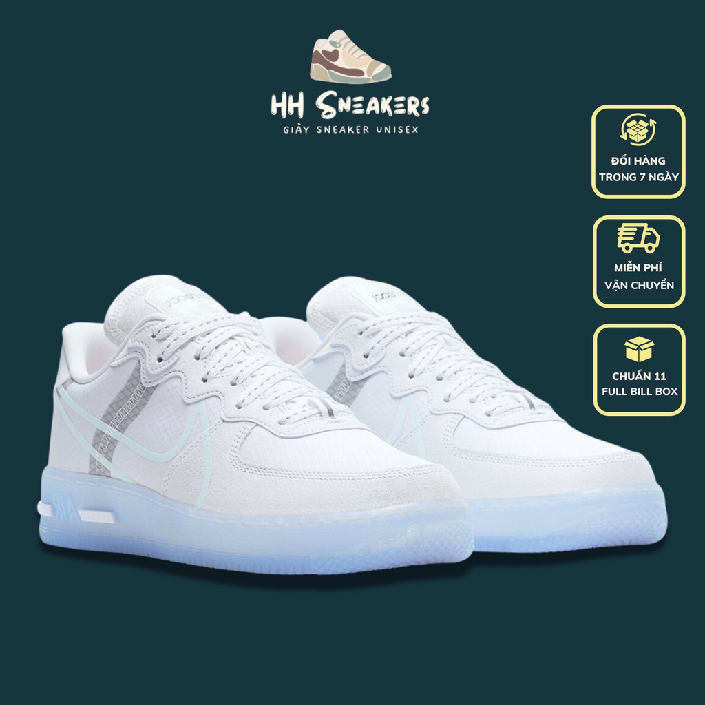 Giày thể thao nam nữ AF1 trắng đế phản quang - Giày AF1 trắng React White Ice nam nữ bản cực hiếm Full Box