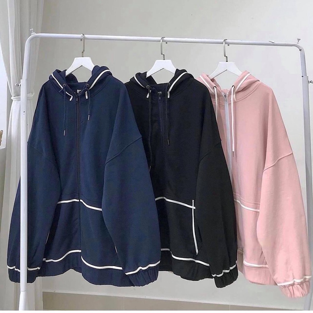 A006 Áo khoác nỉ nam nữ form rộng unisex ,Hoodie Zip đen chỉ nổi trắng có mũ thể thao có thể dùng làm áo chống nắng cute