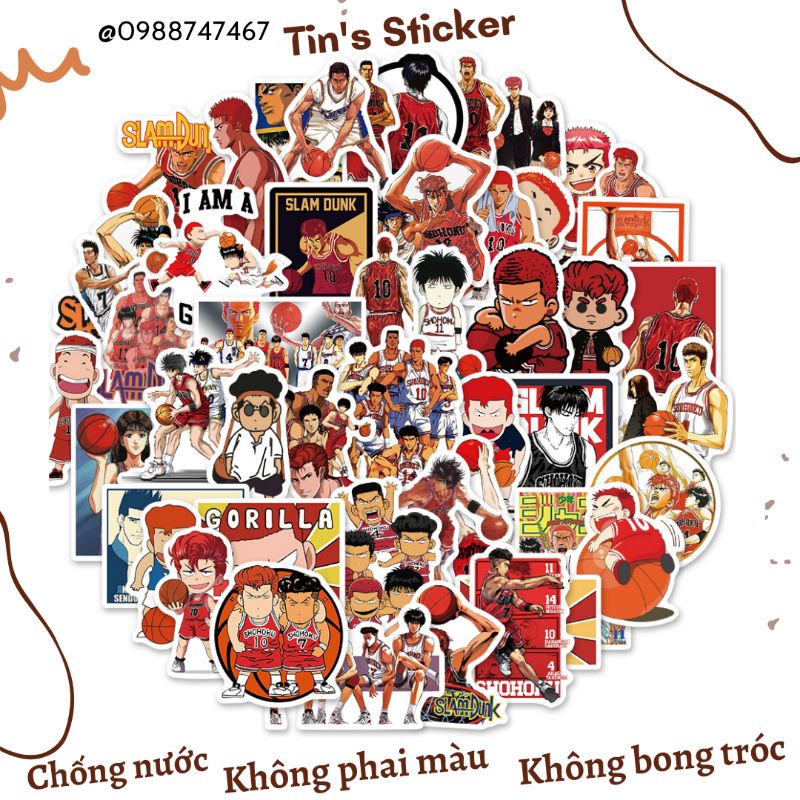 Set combo 50 miếng dán sticker Slam Dunk Thiên tài bóng rổ dán nón mũ bảo hiểm laptop vali sổ sách đàn guitar điện thoại