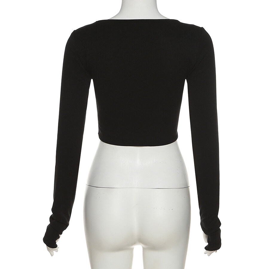 Weird Puss Áo Thun Crop Top Tay Dài Màu Trơn Dáng Ôm Đính Nút Trang Trí Lỗ Hở Thời Trang Mùa Thu Mới Cho Nữ