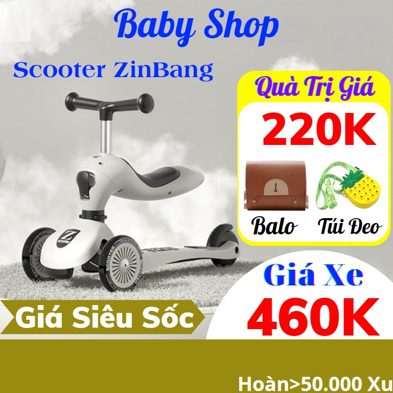 Xe scooter cho bé ZinBang scoot and ride trượt chòi chân 3in1 tập đi 1-6 tuổi có tay đẩy, vòng bảo vệ bánh xe phát sáng