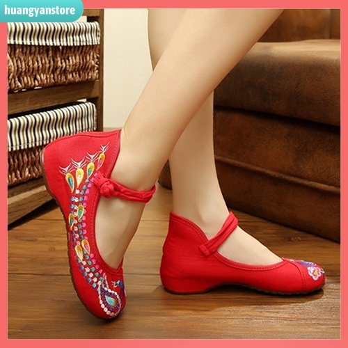 Giày búp bê thêu hoa phong cách Trung Hoa cho nữ HY
